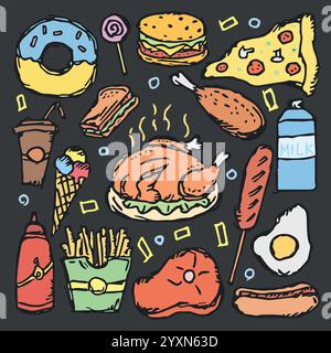Amerikanisches Essen. Kritzeln Sie Andeutungen mit amerikanischen Ikonen. Fast Food Hintergrund Stock Vektor