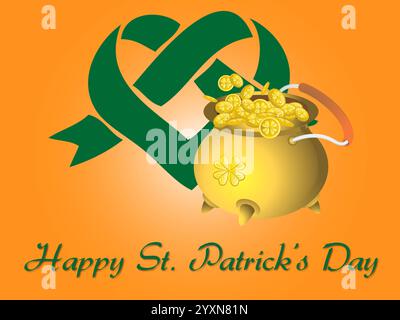 Goldener Topf mit grünem Band und Herz darauf. Der Topf ist mit Goldmünzen gefüllt. Das Bild trägt den Titel Happy St. Patrick's Day. Shamrock Saint Stock Vektor