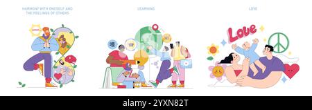 Menschliche Werte festgelegt. Illustrationen über inneren Frieden, kontinuierliches Lernen und bedingungslose Liebe. Motivieren von Charakteren in verschiedenen Szenarien, die persönliche Entwicklung darstellen. Vektorabbildung. Stock Vektor