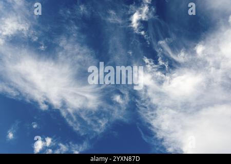 Wirbelnde Zirruswolken auf einem tiefblauen Himmel, vermitteln ein Gefühl von Weite, Polen, Europa Stockfoto