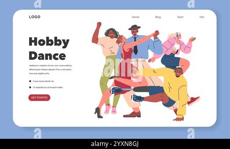 Hobbytanz-Konzept. Verschiedene Gruppen fröhlicher Menschen tanzen zusammen und genießen den Rhythmus und die Bewegung. Ausdrucksstarke und dynamische Freizeitaktivität. Vektorabbildung. Stock Vektor