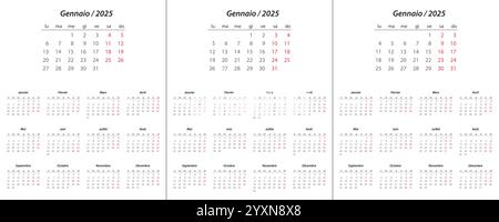 Calendar 2025, Calendar 2026, Calendar 2027 auf italienischer Sprache Woche Start Montag Corporate Design Planer Vorlage Stock Vektor