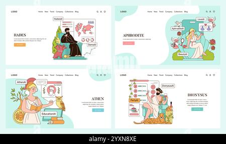 Antike griechische Götter in der modernen digitalen Welt. Hades, Aphrodite, Athena und Dionysos wurden mit Technologie neu interpretiert. Nahtlose Integration von Mythologie und KI. Vektorabbildung. Stock Vektor