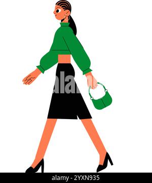 Frau, Die Mit Grüner Handtasche Geht Und Schwarzen Rock In Der Flachen Vektor-Illustration Trägt, Die Mode, Stil Und Vertrauen Symbolisiert, Isoliert Auf Weiß Stock Vektor