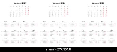 Calendar 2025, Calendar 2026, Calendar 2027 auf englischsprachiger Wochentag Start Monday Corporate Design Planer Vorlage Stock Vektor