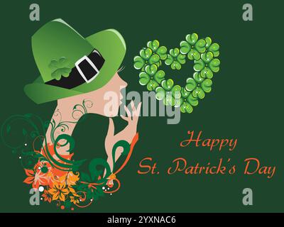 Frau mit grünem Hut, die ein Kleeblatt bläst. Der Hintergrund ist grün und die Frau ist in der Mitte. Die Worte Happy St. Shamrock St. Patrick Day Rain Stock Vektor