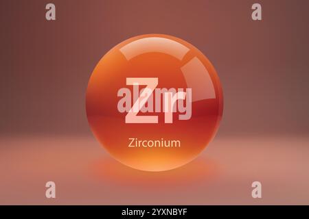 Glänzende Kugel mit „ZR“ Zirkonium-Symbol auf einem verlaufenen Hintergrund. Stock Vektor