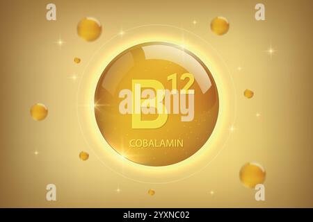 Gold-Symbol Vitamin B12. Cobalamin-Vitamin-Tropfpille. Kollagenvitaminkomplex für Kosmetik und Medizindesign Stock Vektor
