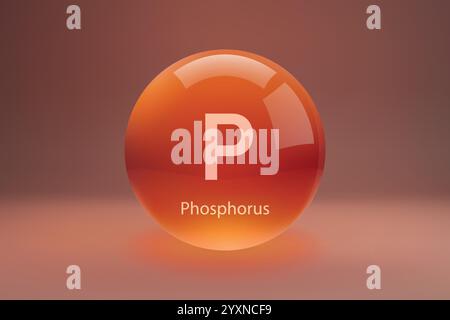 Glänzende Kugel mit „P“-Phosphorsymbol auf einem Verlaufshintergrund. Stock Vektor
