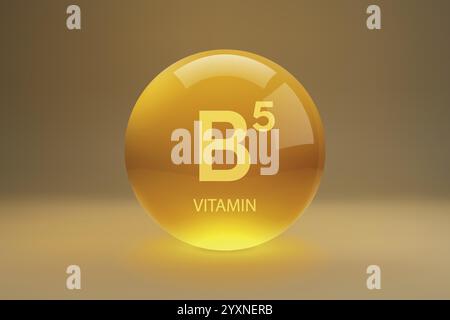 Eine goldene, glänzende Kugel, die Vitamin B5 darstellt, allgemein bekannt als Pantothensäure, auf einem Gradienten-Hintergrund Stock Vektor
