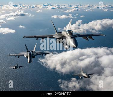 F/A-18 Super Hornets der US Navy und der Hellenic Air Force F-16 fliegen in Formation. Stockfoto