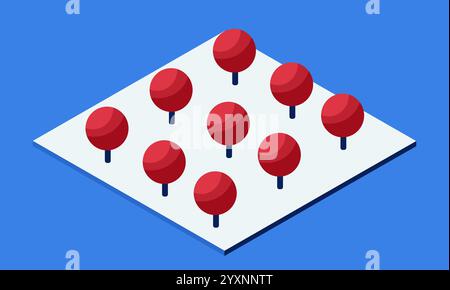 Minimalistische isometrische Illustration mit neun stilisierten roten Bäumen, die auf einem weißen Quadrat vor einem leuchtend blauen Hintergrund angeordnet sind Stock Vektor