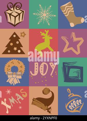 Festliche saisonale frohe Weihnachten und Happy New Year typografische, stilvolle, dekorative, festliche Illustration Stock Vektor