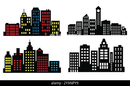 Vier verschiedene Skylines der Stadt mit farbenfrohen Gebäuden und Wolkenkratzern schaffen eine lebendige und dynamische Stadtlandschaft Stock Vektor