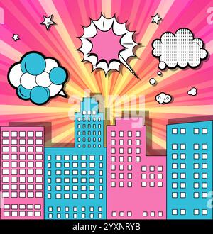 Lebendige Stadtlandschaft im Comic-Stil mit farbenfrohen Gebäuden, Sprechblasen und strahlenden Sonnenstrahlen schaffen eine dynamische und verspielte Szene Stock Vektor
