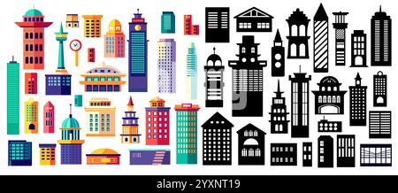 Diese Sammlung von Gebäuden mit verschiedenen Architekturstilen ist perfekt für Stadtplanung oder Immobilienprojekte Stock Vektor