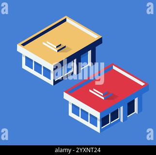 Isometrische Vektorillustration mit zwei modernen Gebäuden mit Zugang über kleine Treppen auf dem Dach, ideal für architektonische oder städtische Konzepte Stock Vektor