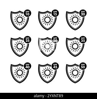 Symbole für den Sonnenschutzfaktor, die unterschiedliche uv-Schutzstufen darstellen Stock Vektor