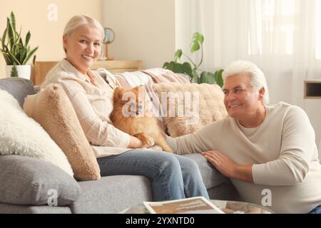 Glückliches Seniorenpaar mit süßem Pommerschen Hund zu Hause Stockfoto