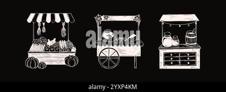 Tafel auf dem lokalen Bauernmarkt. Lokaler Basar Gemüsehändler, Käsegeschäft, Honigstand hatte eine Kritzelskizze Vektor-Illustration gezeichnet. Kreidezeichnung. Stock Vektor