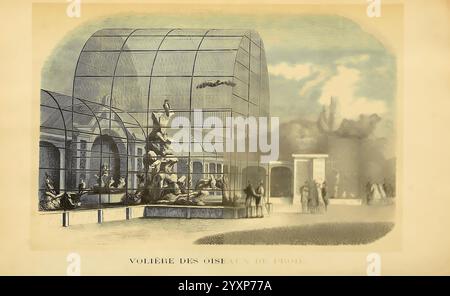 Promenade au jardin zoologique d'Anvers, Anvers, J.-E. Buschmann, 1861, Belgien, Antwerpen, Zoos, Dierentuin, die Abbildung zeigt ein Vintage-Design einer großen, kunstvoll gebauten Voliere, auch bekannt als Vogelkäfig, mit einem raffinierten Metallrahmen. Im Inneren der Voliere sind verschiedene Vögel zu sehen, die der Szene Leben und Lebendigkeit verleihen. Um das Gebäude herum ist eine Gruppe elegant gekleideter Individuen zu sehen, die wahrscheinlich Besucher die Vogelschau genießen. Die Kulisse bietet sanfte Wolken und einen Hauch von Laub, was eine ruhige Atmosphäre schafft. Der Titel am unteren Rand kennzeichnet Stockfoto