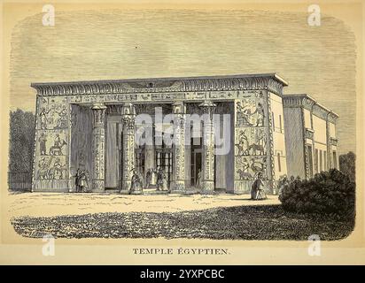 Promenade au jardin zoologique d'Anvers, Anvers, J.-E. Buschmann, 1861, Belgien, Antwerpen, Zoos, Dierentuin, die Abbildung zeigt einen alten ägyptischen Tempel mit aufwendig geschnitzten Fassaden, die mit Hieroglyphen und detaillierten Reliefs verziert sind. Das Gebäude verfügt über eine Reihe von hohen Säulen, die einen Säulengang tragen und einen imposanten Eingang schaffen. Oberhalb des Eingangs ist der Titel „Temple égyptien“ eingeprägt, was auf seine kulturelle Bedeutung hinweist. Das üppige Laub rund um den Tempel deutet auf seine Lage inmitten natürlicher Schönheit hin. Das Gesamtdesign spiegelt die Kunstfertigkeit und architektonische Pracht wider Stockfoto