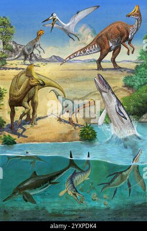 Dinosaurier und Wasserreptilien in einer prähistorischen Umgebung. Stockfoto