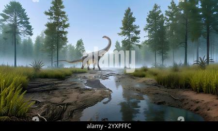 Titanosaurus-Dinosaurier streift durch einen Wald der Kreidezeit. Stockfoto