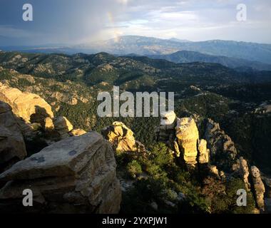 Ein Blick vom Windy Point Rastgebiet entlang des General Hitchcock Highway zum Mt Lemmon in den Santa Catalina Mountains, Tucson, Arizona. Stockfoto