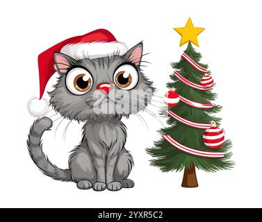 Süße, lustige Katze mit Weihnachtsmann-Hut in der Nähe des Weihnachtsbaums Stock Vektor