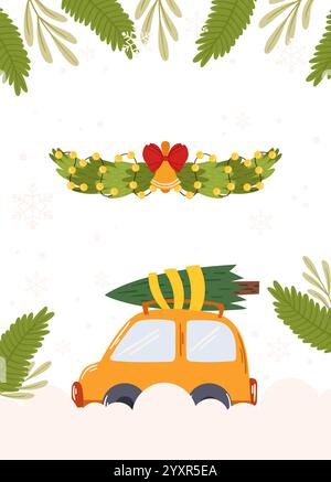 Postervorlage Rahmen eines Autos mit einem Weihnachtsbaum, einer Girlande mit Lichtern und Glocken und grünen Akzenten auf einem schneebedeckten Hintergrund mit leerem Platz Stock Vektor