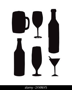 Vektor Set Bündel von Hand gezeichneter Kritzelskizze verschiedene Alkoholflaschen und Gläser Silhouette isoliert auf weißem Hintergrund Stock Vektor