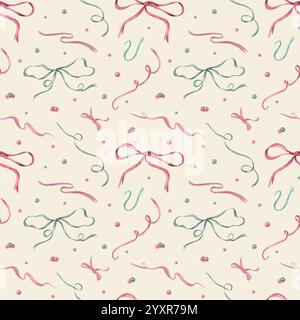 Aquarell fliegende rosa und grüne Satinschleifen, Bänder, Perlenperlen nahtloses Muster auf beigem Hintergrund. Dekorative Accessoires Illustration Stockfoto
