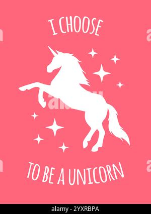 Vektor weiß Hand gezeichnet Kritzelskizze Einhorn Silhouette mit motivierendem Zitat isoliert auf rosa Hintergrund. Sei ein Einhorn auf einem Pferdefeld Brief Stock Vektor