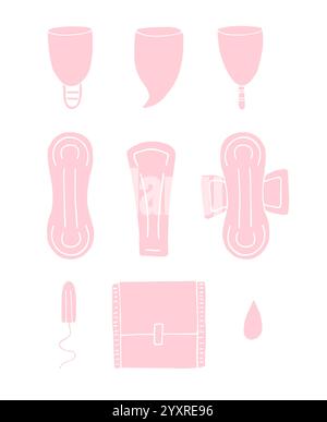 Vektor Set Bündel von rosa verschiedenen Hand gezeichneten Doodle Skizze Menstruationsauflage Tampon und Tasse isoliert auf weißem Hintergrund Stock Vektor