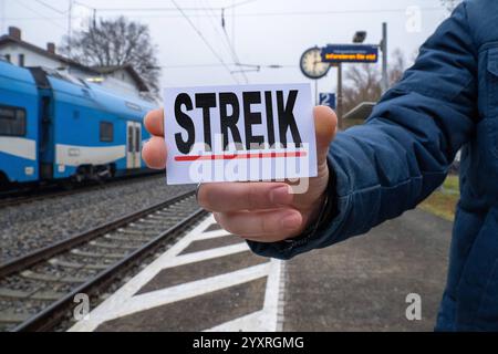 Bayern, Deutschland - 17. Dezember 2024: Eine Person hält ein Schild mit Reading Strike vor einem Bahnhof und Gleisen. Symbolbild für Arbeitsunterbrechungen, Zugausfälle und Konflikte im öffentlichen Verkehr. FOTOMONTAGE *** eine Person hält ein Schild mit der Aufschrift Streik vor einem Bahnhof und Gleisen. Symbolbild für Arbeitsniederlegungen, Zugausfälle und Konflikte im öffentlichen Verkehr. FOTOMONTAGE Stockfoto