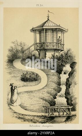 Belgische Gartenanlage Lüttich Botanik Gartenbau Zeitschriften Pflanzen, die Szene zeigt ein bezauberndes belvedere, ein Pavillon-Gebäude auf einem gewundenen Pfad, der durch eine üppige Landschaft führt. Das belvedere mit konischem Dach und dekorativen Geländern dient als Aussichtspunkt und zeigt die umliegende natürliche Schönheit. In der Nähe fließt ein sanfter Bach, der der Umgebung ein ruhiges Ambiente verleiht. Ein Paar kann auf dem Weg spazieren sehen, wobei eine Person pausiert, um die Aussicht vom Pavillon zu bewundern. Die detaillierte Landschaft umfasst grüne Bäume und eine malerische Brücke, die den Fluss überspannt, enh Stockfoto