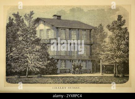 Promenade au jardin zoologique d'Anvers, Anvers, J.-E. Buschmann, 1861, Belgien, Antwerpen, Zoos, Dierentuin zeigt die Illustration ein charmantes Gebäude, das als "'Chalet Suisse " bekannt ist und sich durch seine unverwechselbare Architektur auszeichnet. Das Gebäude verfügt über ein markantes, geneigtes Dach mit mehreren Ebenen, das von dekorativen Elementen entlang der Traufe verziert ist. Üppige Bäume um das Chalet herum bilden eine ruhige und natürliche Kulisse und unterstreichen die malerische Umgebung. Vor dem Eingang ist eine Gruppe von Figuren zu sehen, die der Szene ein Gefühl von Leben und Maßstab verleihen. Die Gesamtkomposition vermittelt einen Sinn Stockfoto