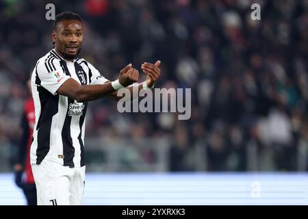 Turin, Italien. Dezember 2024. Khephren Thuram von Juventus FC Gesten beim Achtelfinale der Coppa Italia zwischen Juventus FC und Cagliari Calcio im Allianz Stadium am 17. Dezember 2024 in Turin. Quelle: Marco Canoniero/Alamy Live News Stockfoto