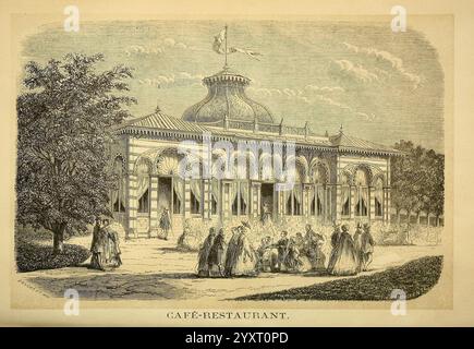 Promenade au jardin zoologique d'Anvers J.-E. Buschmann 1861 Belgien Antwerpen Zoos dierentuin, die Szene zeigt ein malerisches Café-Restaurant, das sich durch seine elegante Architektur und einladende Atmosphäre auszeichnet. Das Gebäude verfügt über ein markantes kurvenförmiges Dach, das mit dekorativen Elementen verziert ist und seinen Charme unterstreicht. Um das Gebäude herum gibt es üppige Bäume, die ein Gefühl von Grün vermitteln, während ein Weg zum Eingang führt, wo sich die Menschen versammeln, sich unterhalten und sich unterhalten. Die in historischen Kleidern gekleideten Individuen tragen zur lebhaften Atmosphäre bei und deuten auf einen beliebten Ort hin Stockfoto