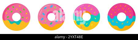Donut-Symbol. Set aus bunten Donuts mit verschiedenfarbiger Glasur und Streuseln. Vektorabbildung Stock Vektor