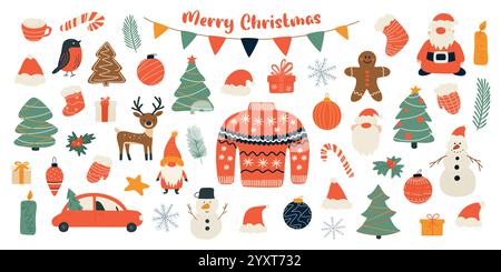 Flache Farbe Hand Gezeichnet Vektor Weihnachten, Neujahr Set. Weihnachtskollektion, Silvester-Illustrationen. Weihnachtsbaum, Zwerg, Zuckerrohr, Weihnachtsmann, Rentier Stock Vektor