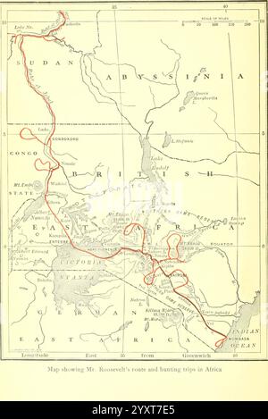 Afrikanische Wildwege, 1910, Jagd, Uganda, Beschreibung und Reise, Africa East, Eine detaillierte Karte, die die Route und die Jagdausflüge von Mr. Roosevelt durch Afrika veranschaulicht. Die Reise ist mit einer roten Linie markiert, die verschiedene Orte und Wahrzeichen entlang des Weges zeigt. Zu den bedeutendsten Regionen zählen Teile des Sudan, Britisch-Ostafrikas und die umliegenden Gebiete. Die Karte zeigt mehrere geografische Merkmale und Siedlungen und bietet Einblicke in die Erkundung und Reise des frühen 20. Jahrhunderts. Wichtige Orte entlang der Route können Bereiche anzeigen, in denen Wildtiere beobachtet wurden oder h Stockfoto