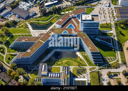 Luftaufnahme, Aldi Nord Campus, Gebäudeform entspricht dem Aldi Logo, Eckenbergstraße, Kray, Essen, Ruhrgebiet, Nordrhein-Westfalen, Deutschland Stockfoto