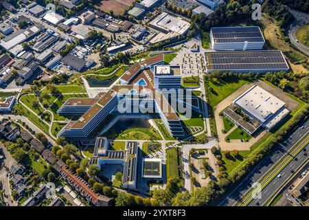 Luftaufnahme, Aldi Nord Campus, Gebäudeform entspricht dem Aldi Logo, Eckenbergstraße, Kray, Essen, Ruhrgebiet, Nordrhein-Westfalen, Deutschland Stockfoto