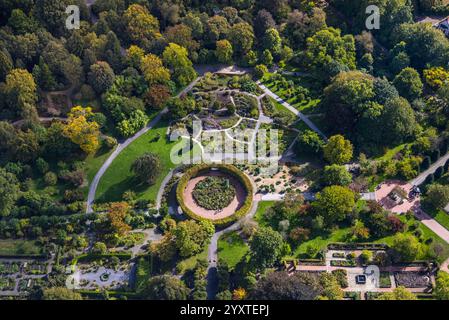 Aus der Vogelperspektive, Grugapark und kreisförmige Hecke mit Speerwerferskulptur, Botanischer Garten und barrierefreier Rundweg „Pflanzen der Welt“, Rüttens Stockfoto