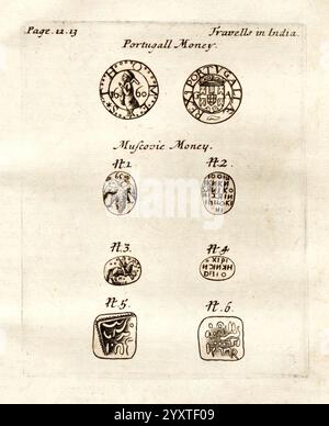 Die sechs Reisen von John Baptista Tavernier, London, gedruckt für R.L. und M. S. 1678. Indien, Türkei, Iran, Beschreibung und Reisen, Reisen und Reisen, diese Illustration zeigt eine Sammlung historischer Währungsarten mit verschiedenen Münzen und Münzen. Oben sind zwei Münzen mit der Aufschrift „Portugal Money“ abgebildet, die jeweils mit unterschiedlichen Mustern versehen sind, die an ihre Herkunft erinnern. Darunter sind mehrere Stücke von „Mysore Money“ abgebildet, die einzigartige Stiche und Inschriften zeigen, die den kulturellen und wirtschaftlichen Kontext der Region widerspiegeln. Jeder Münze wird eine Referenznummer zugewiesen, ein Stockfoto
