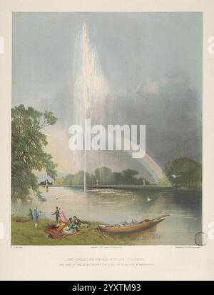 Die Gärten von England London T. McLean 1858 Country Homes England Gardens English Pictorial Works, Eine lebhafte Szene am Great Fountain in Rivière Gardens, die ein großes Wasserspiel zeigt, das in den Himmel ragt und eine spektakuläre Darstellung schafft. Ein lebhafter Regenbogen zieht sich anmutig über den Brunnen und verleiht der ruhigen Landschaft einen Hauch von Farbe. Im Vordergrund versammeln sich Familien und Freunde am Ufer und genießen entspannte Aktivitäten. Ein paar Kinder spielen am Wasser, während Erwachsene sich in der Atmosphäre im Freien unterhalten. Ein Ruderboot schwimmt sanft Stockfoto