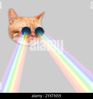 Katze in Sonnenbrille, die mit Regenbogenlasern aus Augen auf grauem Hintergrund fotografiert. Stilvolles Poster Stockfoto