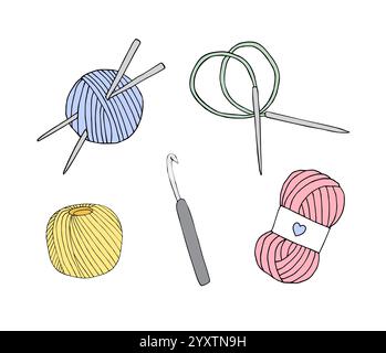 Vektor Hand gezeichnete Kritzelskizze Set Bündel von farbigen Strickzubehör Fäden und Nadeln isoliert auf weißem Hintergrund Stock Vektor